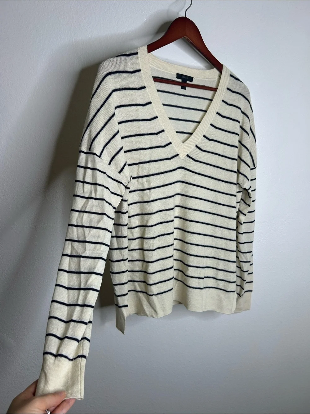 J. Crew Merino Wool Cotton Striped Cream Navy Lightweight V - Neck Sweater